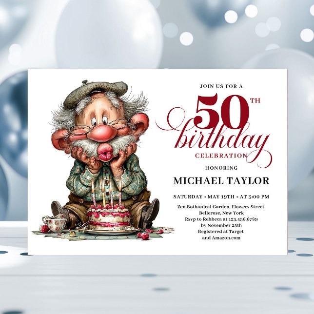 Elegant Funny Man 50th Birthday Humor Cartoon  Inbjudningar (funny man 50th birthday, 
trendy colors burgundy red, 
party invitation,
whimsical humor,
quirky, 
p)