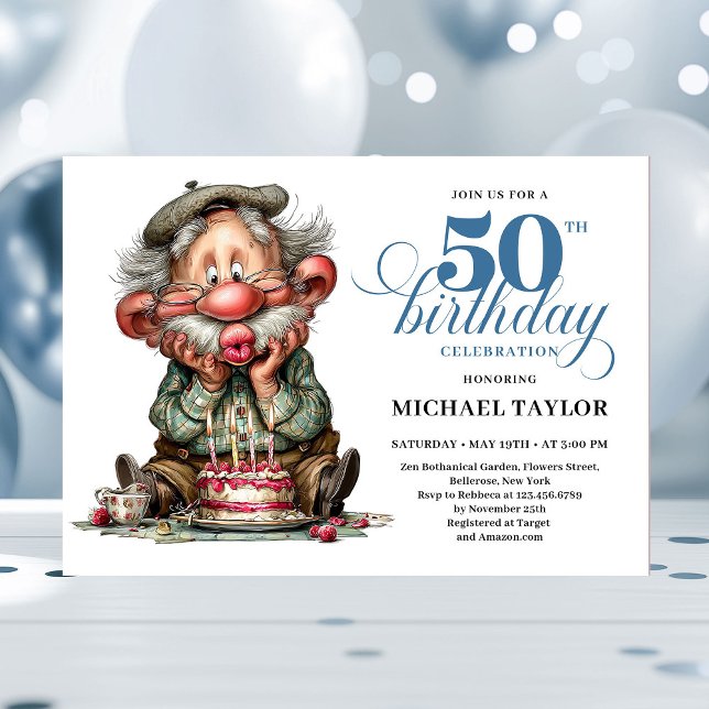 Elegant Funny Man 50th Birthday Humor Cartoon  Inbjudningar (Funny Bold Man Turning 50 Quirky Birthday Invite)