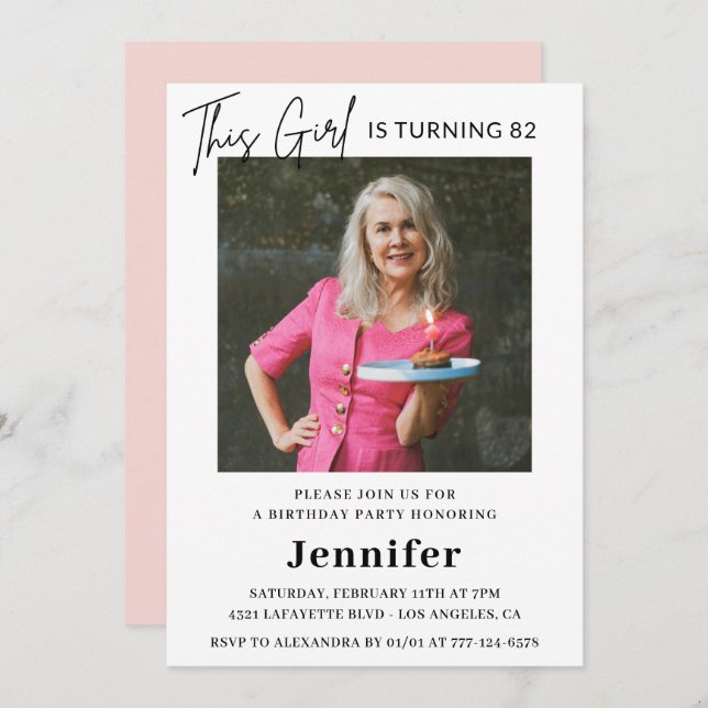 Elegant Funny Rosa Foto 82:a födelsedag Inbjudningar (Fram/baksida)
