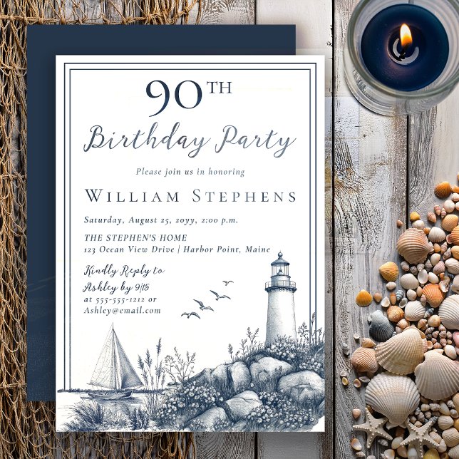 Elegant fyr vid kusten 90-årsfirande inbjudningar (Elegant coastal lighthouse 90th birthday invitation with timeless New England seaside charm.)