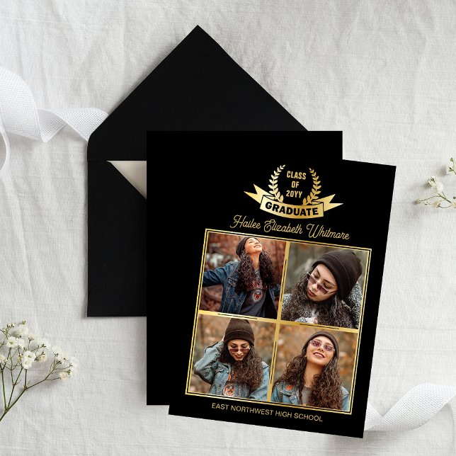 Elegant fyra fotosvarta | Guld Studenten Meddelande (Elegant 4 Photo Collage "Graduate" Laurels High School Graduation Announcement - Black | Gold Tone)