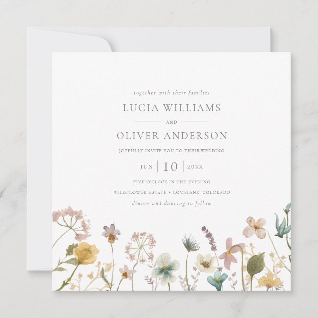 Elegant Fyrkantig Akvarell Vildblomma Bröllop Inbjudningar (Framsida)