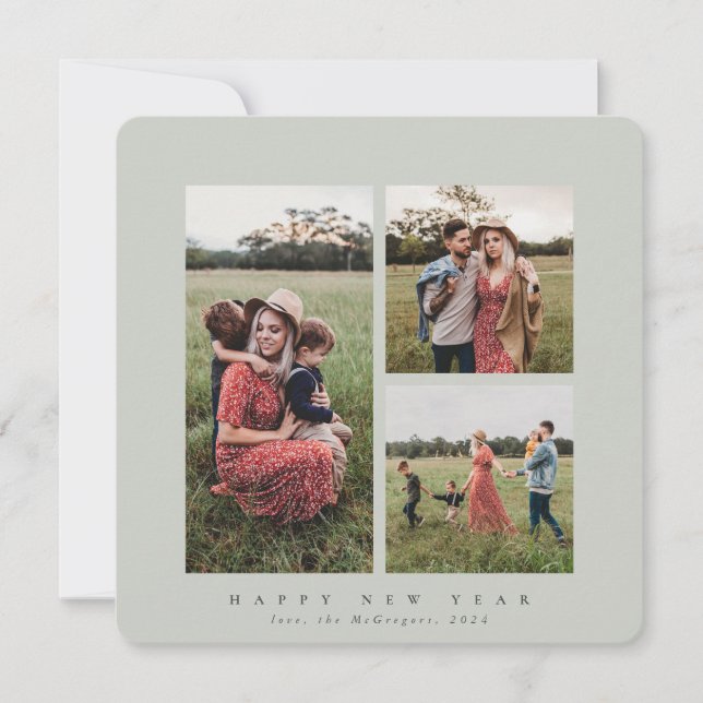 Elegant fyrkantigt trippelfoto Gott nytt år Julkort (Framsida)