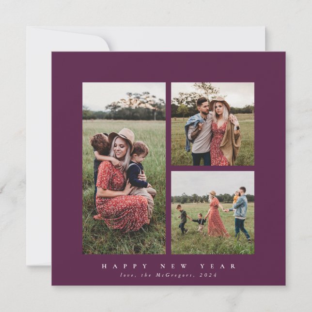Elegant fyrkantigt trippelfoto Gott nytt år Julkort (Framsida)