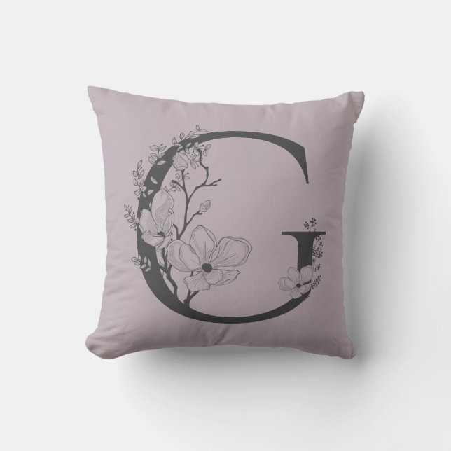 Elegant G Boho Blommigt Monogram Initial Lilac Grå Kudde (Framsida)