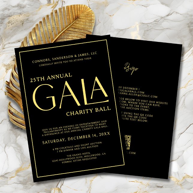 Elegant Gala Event Charity Fundraiser Black Guld Inbjudningar (Elegant Gala Event Charity Fundraiser Black and Gold Invitation with QR Code and RSVP on Back.
)