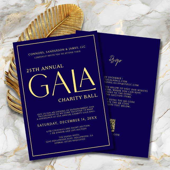 Elegant Gala Event Charity Fundraiser Blue Guld Inbjudningar (Elegant Gala Event Charity Fundraiser Blue and Gold Invitation with QR Code, RSVP on Back.
)