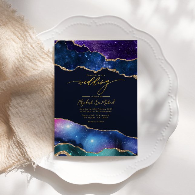 Elegant Galaxy Blå, Lila & Guld Agat QR-kod Inbjudningar (Elegant Galaxy Blue, Purple & Gold Agate QR Code Invitation)