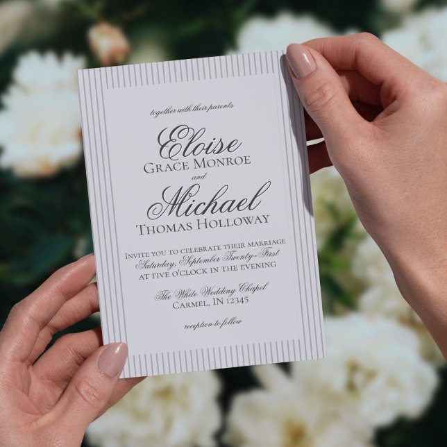 Elegant Gamle Money Script Neutralt Rand Bröllop Inbjudningar (Formally invite guests to your big day with this Elegant Old Money Script Thin Stripe Card!)