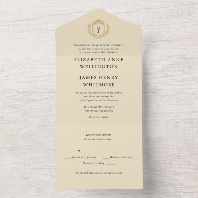 Elegant gammal peng Crest - Elfenben & Guld Bröllo (Insida)