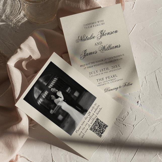 Elegant Gammalt Pengar Retro Foto QR-kod Bröllop Inbjudningar (Skapare uppladdad)