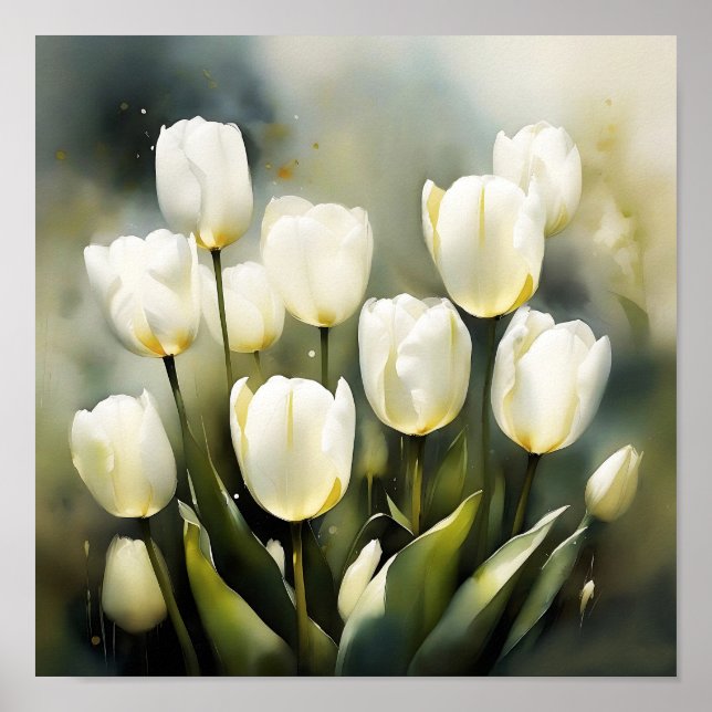 Elegant gäng vita tuliper i en Serene Garden Poster (Framsidan)