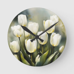 Elegant gäng vita tuliper i en Serene Garden Rund Klocka