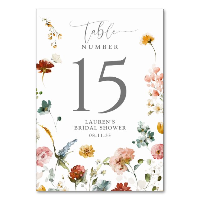 Elegant Garden Flowers Bridal Shower Table Number Bordsnummer (Framsidan)