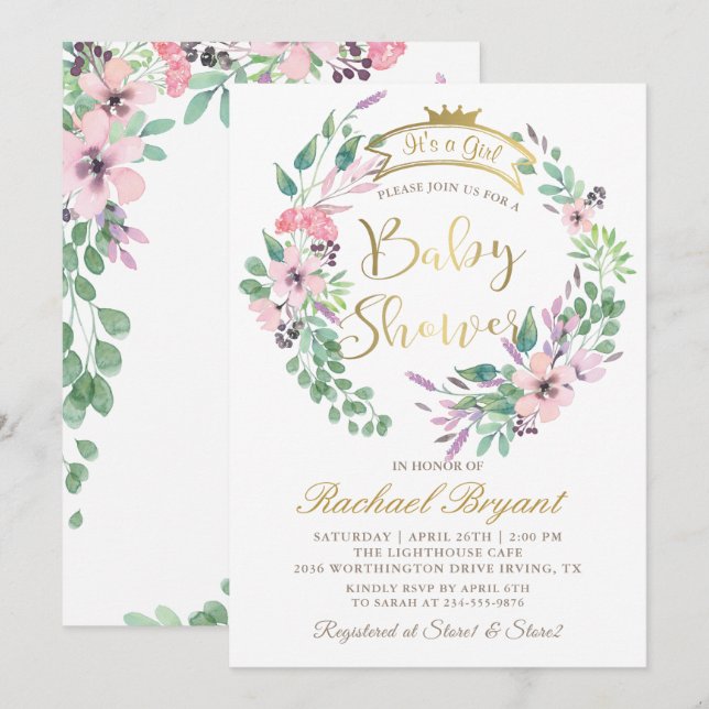 Elegant Garden Flowers Guld Krona Girl Baby Shower Inbjudningar (Fram/baksida)