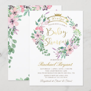 Elegant Garden Flowers Guld Krona Girl Baby Shower Inbjudningar