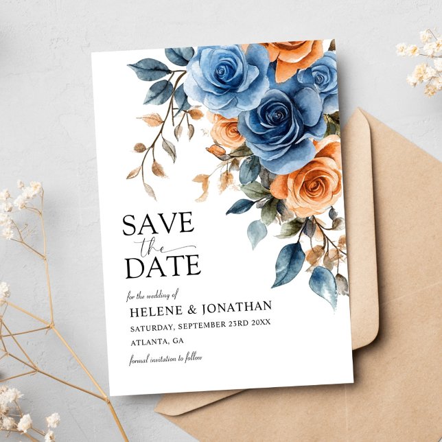 Elegant Garden Flowers Navy Blue Rust Bröllop Spara Datumet (Elegant Garden Flowers Navy Blue Rust Wedding Save The Date)