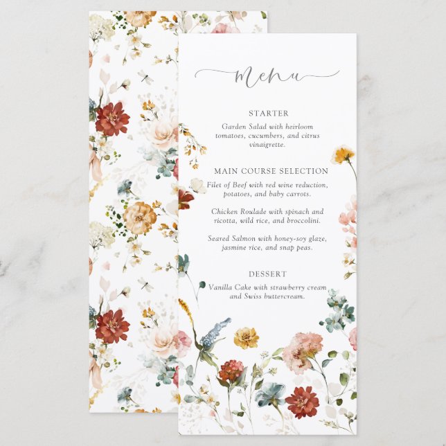 Elegant Garden Flowers Watercolor Bridal Shower Meny (Fram/baksida)