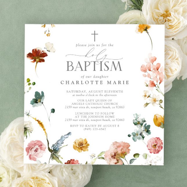 Elegant Garden Flowers Watercolor Heliga Baptism Inbjudningar (Holy Baptism Invitation)