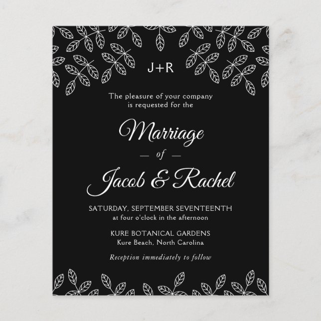 Elegant Garden Lövs Black Wedding bjudande (Framsida)