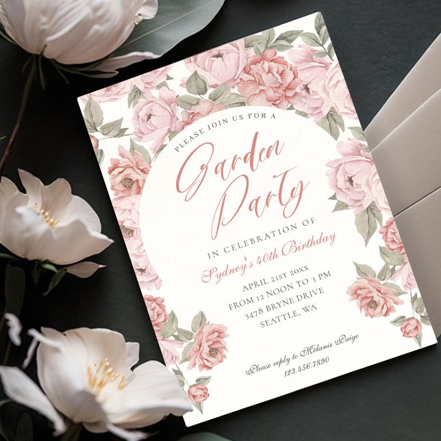 Elegant Garden Party Rosa Peony Blommigts Birthday Inbjudningar (Elegant Garden Party Pink Peony Florals Birthday Invitation)