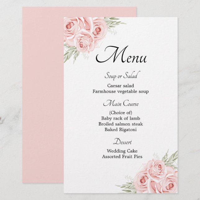 Elegant Garden Ro Rosa Blommigt Bröllop Menu (Fram/baksida)