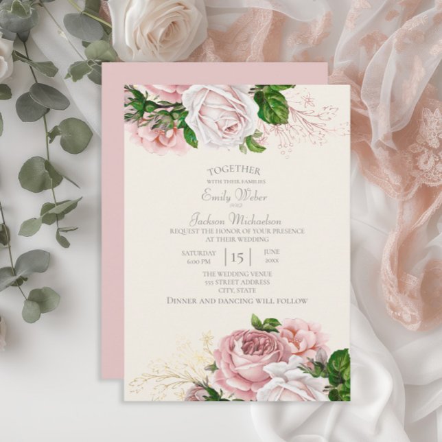 Elegant Garden Rosa Blommigt Ro Cream Bröllop Inbjudningar (Blush pink vintage floral wedding invitation)