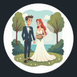 Elegant Garden Wedding Sticker Runt Klistermärke<br><div class="desc">Romantic cartoon illustration of a bride and groom holding hands in a picturesque garden setting,  perfect for wedding decor and accessories.</div>