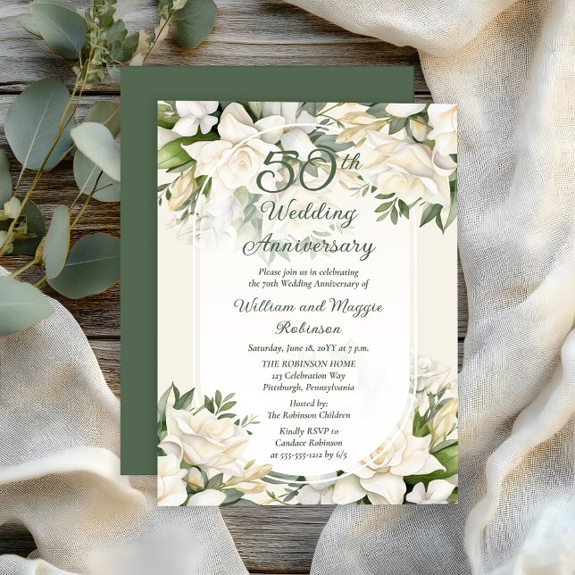 Elegant Gardenia Blommigt 50:e Bröllop-årsdagen Inbjudningar (Elegant Gardenia Floral 50th Wedding Anniversary Invitation - Print | Digital Download)