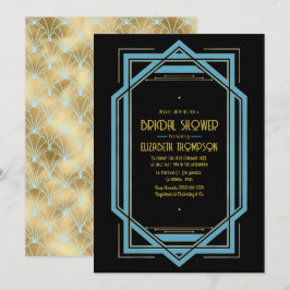 Elegant Gatsby Art Deco Blå & Guld Bröllopsdusch Inbjudningar