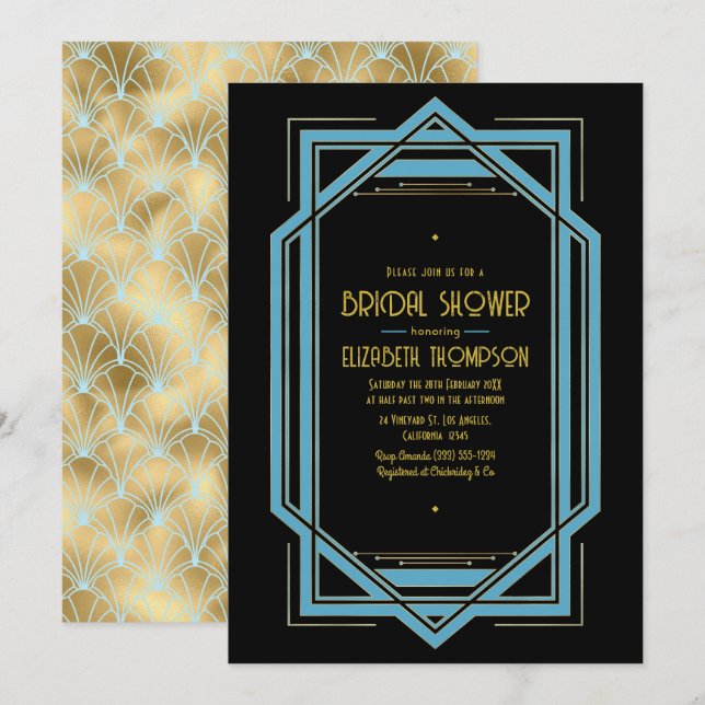 Elegant Gatsby Art Deco Blå & Guld Bröllopsdusch Inbjudningar (Fram/baksida)