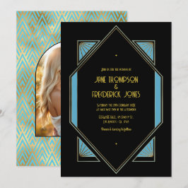 Elegant Gatsby Art Deco Blå & Guld Bröllopsfoto Inbjudningar