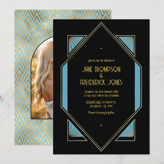 Elegant Gatsby Art Deco Blå & Guld Bröllopsfoto Inbjudningar (Fram/baksida)