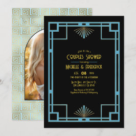 Elegant Gatsby Art Deco Blå & Guld Par Bröllopsdus Inbjudningar
