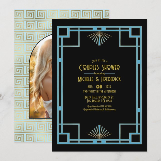 Elegant Gatsby Art Deco Blå & Guld Par Bröllopsdus Inbjudningar (Fram/baksida)