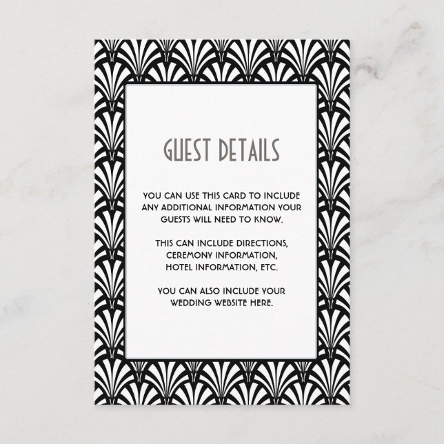 Elegant Gatsby Art Deco Black and White Guest Info Tilläggskort (Framsida)