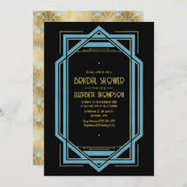 Elegant Gatsby Art Deco Blue & Gold Bridal Shower Inbjudningar