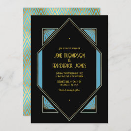 Elegant Gatsby Art Deco Blue & Gold Wedding Photo Inbjudningar