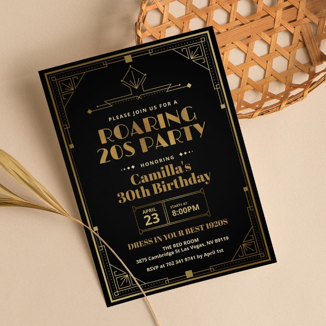 Elegant Gatsby Art Deco Roaring 20:e svarta Guld Inbjudningar (Skapare uppladdad)
