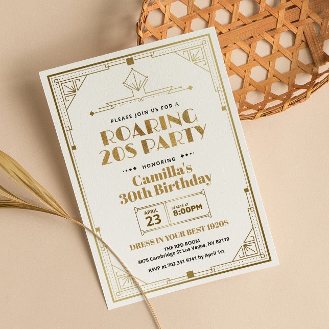 Elegant Gatsby Art Deco Roaring 20s White Guld Inbjudningar (Skapare uppladdad)