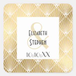 Elegant Gatsby Art Deco Vit & Guld Bröllops fyrkan Fyrkantigt Klistermärke