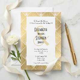 Elegant Gatsby Art Deco White & Guld Bröllop Inbjudningar