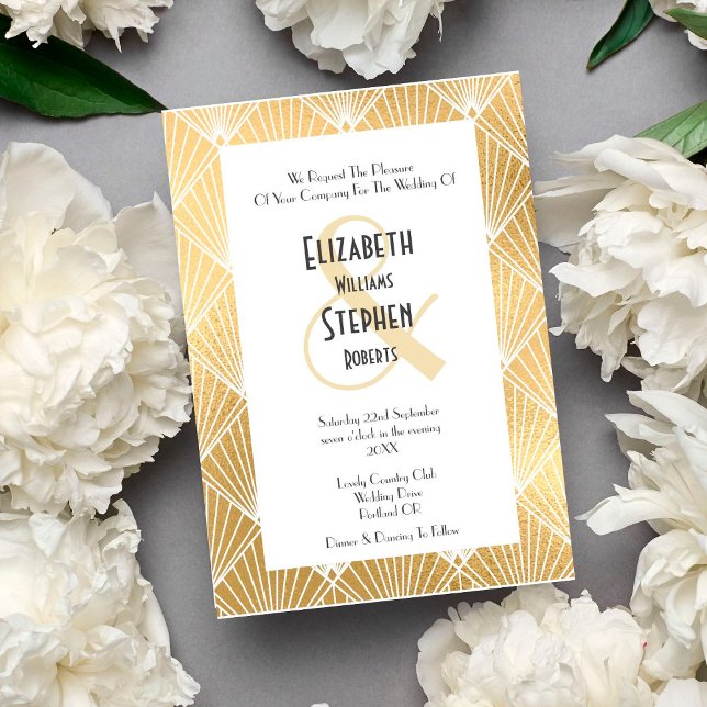 Elegant Gatsby Art Deco White & Guld Bröllop Inbjudningar (Skapare uppladdad)