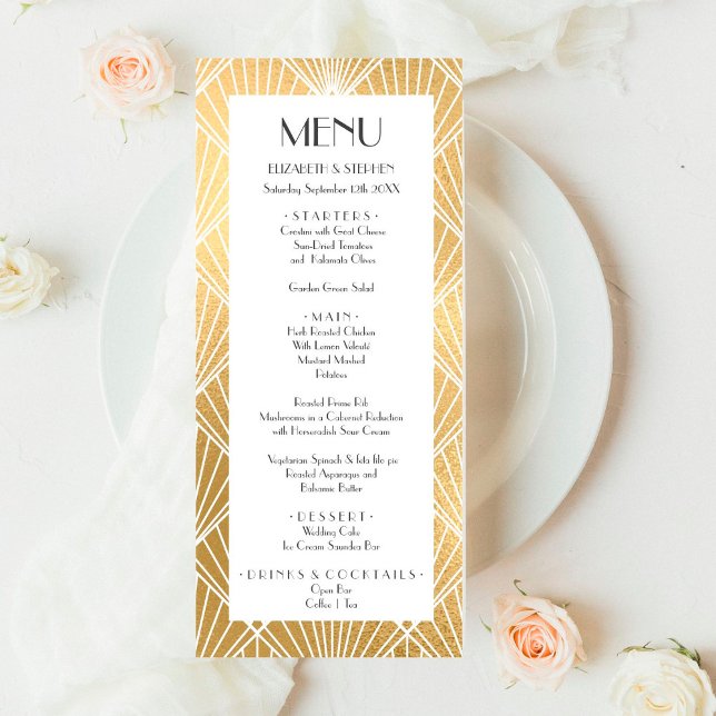 Elegant Gatsby Art Deco White & Guld Bröllop Meny (Skapare uppladdad)