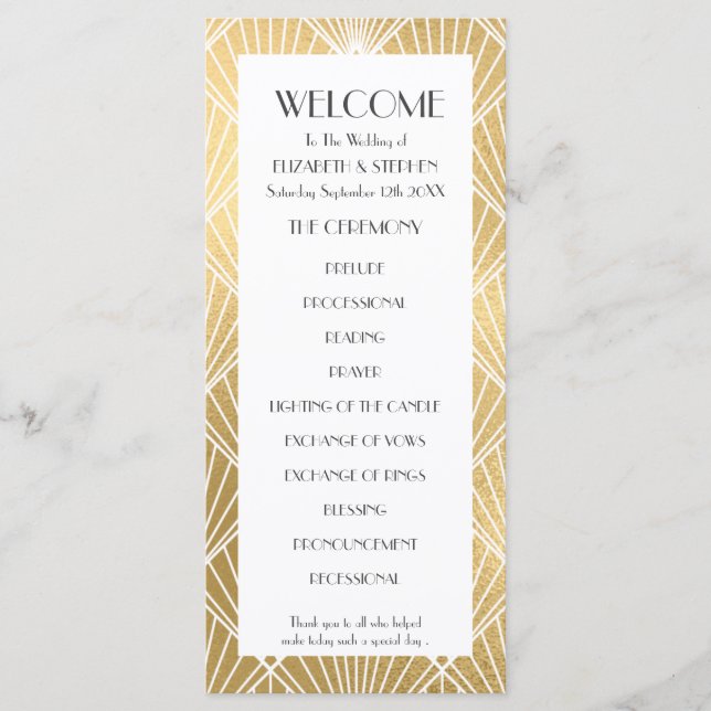 Elegant Gatsby Deco Vit & Guld Bröllopsprogram Program (Framsida)