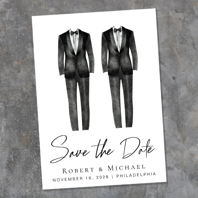 Elegant gay brölllöd smoking akvarell spara datumet (An elegant Save the Date announcement to set the tone for an unforgettable event)