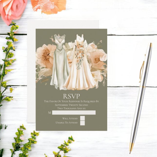 Elegant Gay Bröllop 2 Brides in Dacks OSA Kort (Elegant Gay Wedding Two Brides in Dresses RSVP Card from Ricaso)