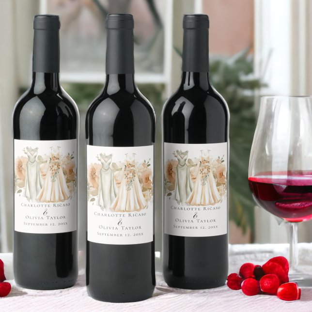 Elegant Gay Bröllop 2 Brides in Dacks Vinflaska Etikett (Elegant Gay Wedding Two Brides in Dresses Wine Labels from Ricaso. Easy to personalize with own text)