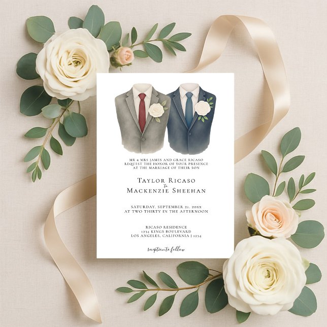 Elegant Gay Bröllop 2 Grooms i Kostym Inbjudningar (Elegant Gay Wedding Two Grooms in Suits Invitation by Ricaso. Stunning same sex wedding invite)