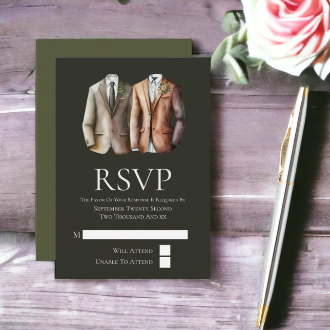 Elegant Gay Bröllop 2 Grooms i Kostym OSA kort (Elegant Gay Wedding Two Grooms in Suits RSVP Card from Ricaso)